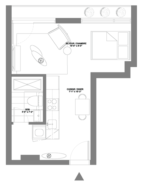 Floor plan for studio, 1 bath, 364 sqft
